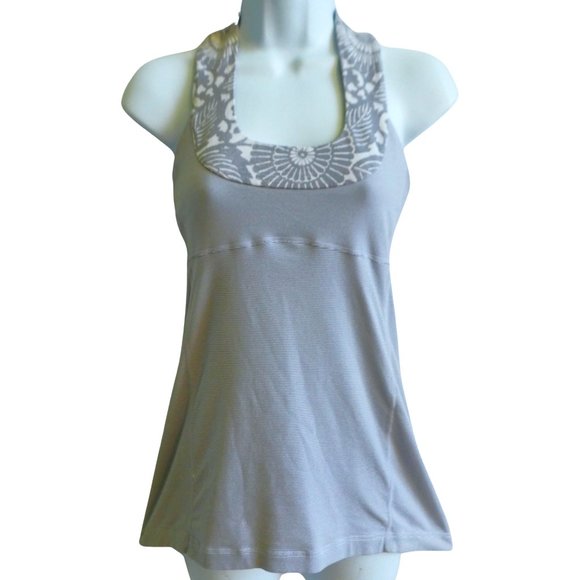 Lululemon Workout Tank Top Mixed Floral White Pinstripe Stretch Knit Racerback 6 - Picture 1 of 6